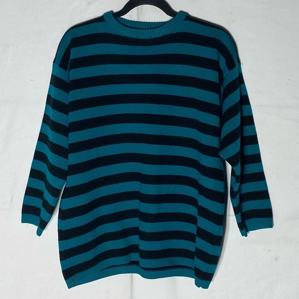 Vintage Graffiti Oversized Green Black Striped Crew Neck Knit Sweater S